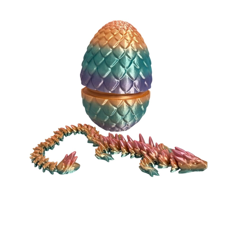 3D Printed Articulated Dragon with Matching Scale Egg Rainbow turquoise/ orange